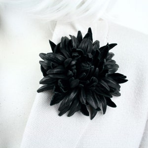 Black Leather Chrysanthemum Flower Brooch, Real Leather Flower, Fantasy Floral Pin