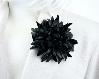 Black Leather Chrysanthemum Flower Brooch, Real Leather Flower, Fantasy Floral Pin