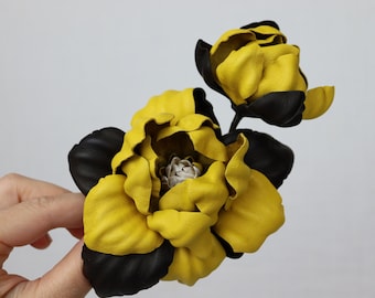 Yellow/Brown Leather Magnolia Flower Brooch, Leather Magnolia Pin/Hairclip, Fantasy Flower, Leather Flower, Floral Brunch