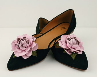 Pink Leather Rose Flower Shoe Clips (set), Genuine Leather Shoe Accessories, Fantasy Floral clips