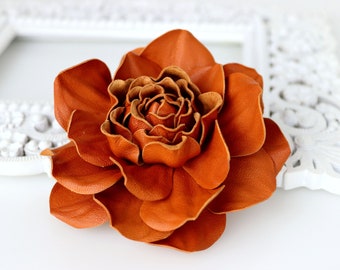 Orange Leather Rose Flower Brooch, Leather Rose Pin, Orange Flower, Leather Flower, Floral Brooch