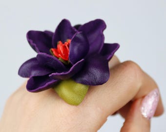 Leather Magnolia Flower Ring: Purple & Green Floral Jewelry