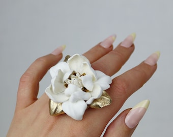 Ivory/Gold leather magnolia flower ring, leather floral jewelry, party flower ring