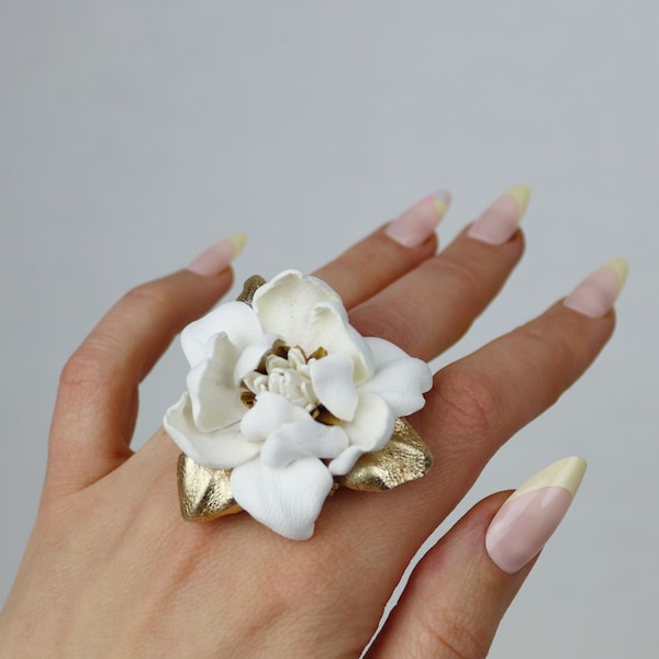 Ivory/Gold leather magnolia flower ring, leather floral jewelry, party flower ring