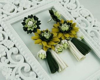 Multicolor (Khaki-Soft Green-Mustard- Ivory) leather flower and  tassel earrings