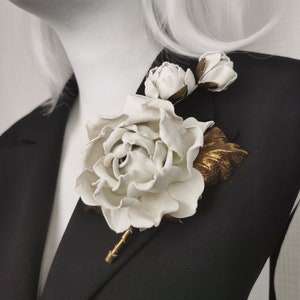Ivory and Gold Leather Rose Flower Brooch, Leather Rose Pin/Hairclip,  Leather Flower, Floral Brunch
