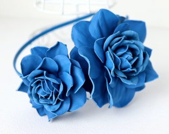 Blue Leather Roses Headband: Genuine Leather Fascinator