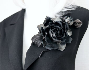 Dark Metallic Leather Rose Flower Brooch, Leather Rose Pin/Hairclip, Metallic Flower, Leather Flower, Floral Brunch