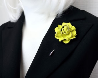 Yellow Leather Rose Lapel Pin: Handmade Floral Boutonniere