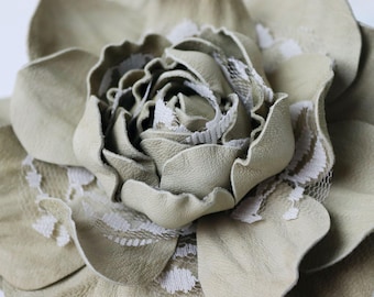 Beige Leather Rose Brooch: Handmade Flower Pin Clip