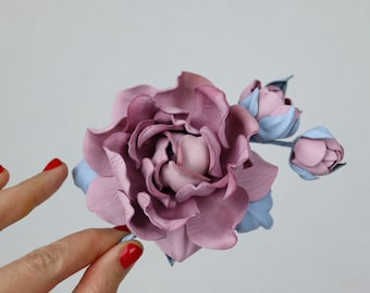 Pink/Blue Leather Rose Flower Brooch, Leather Rose Pin/Hairclip,  Leather Flower, Floral Brunch