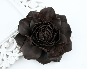 Dark Brown Leather and Lace Rose Flower Brooch, Leather Rose Pin, Brown Flower, Leather Flower, Floral Brooch