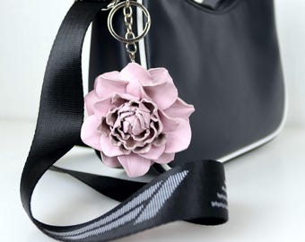 3'' (7 cm) Pink Leather Rose Keychain / Purse Charm, Leather Floral accessories