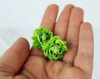 Little lime green rose leather studs earrings, floral earrings
