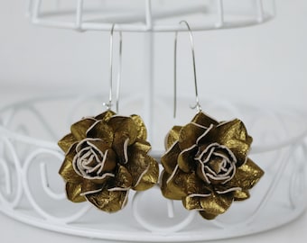 1.5'' Dark Gold Leather Rose Flower Earrings, Floral earrings
