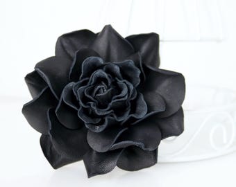 Black Leather Rose Flower Brooch