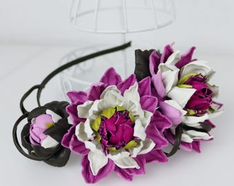 Handmade Leather Water Lily Headband – Pink, Ivory, Yellow Flowers – Metal Band