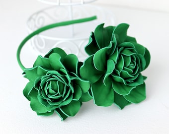 Leather rose headband – handmade / green