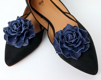 Blue Leather Rose Flower Shoe Clips (set), Genuine Leather Shoe Accessories, Fantasy Floral clips