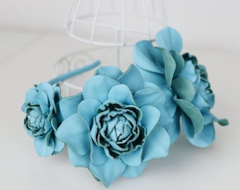 Light Blue Leather Rose Headband: Floral Fascinator