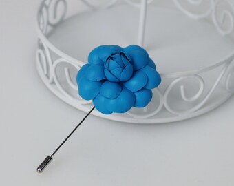 Blue Leather Camellia Lapel Pin: Men's Flower Brooch