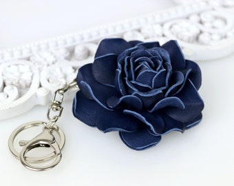 3'' (7 cm) Blue Leather Rose Keychain / Purse Charm, Leather Floral accessories