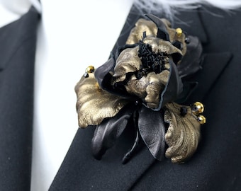 Dark Metallic/Black Leather Iris Flower Brooch/Hairclip, Real Leather Pin, Floral Brooch