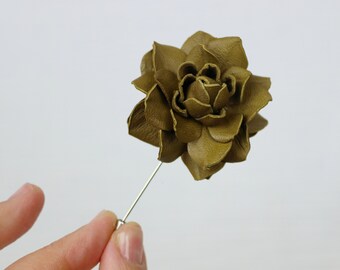 Brown Olive Leather Lapel Pin – Handmade Flower Boutonniere, Men’s Suit Accessory, Groomsmen Gift