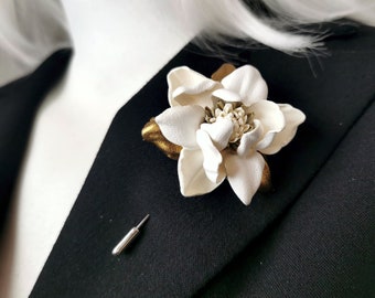 Ivory Leather Magnolia Men's Lapel Pin.  Flower Brooch. Floral Lapel Pin. Boutonniere Lapel Pin. Wedding Boutonniere.