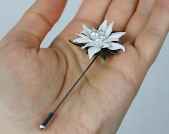 Leather Edelweiss Lapel Pin, White and Green Flower Brooch, Handmade Floral Accessory