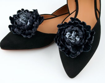 Dark Blue Leather Peony Flower Shoe Clips, Blue Real Leather Shoe Accessories