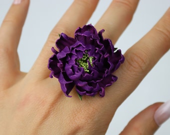 Purple leather peony flower ring