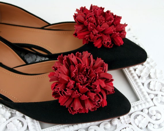 Clips de chaussure en cuir rouge fleur doeillet, accessoires pour chaussures  en cuir -  France