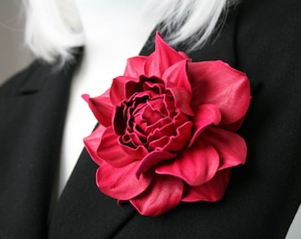 Bright Pink Leather Rose Brooch: Handmade Flower Pin with Clip