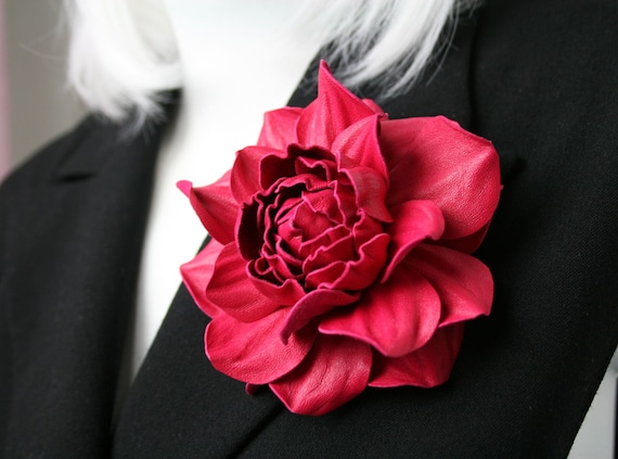 Pink Leather Rose Flower Brooch Leather Rose Pin Pink Flower