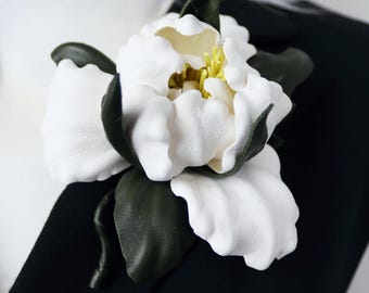 Ivory Leather Iris Brooch, Handmade Botanical Flower Pin, Floral Accessory