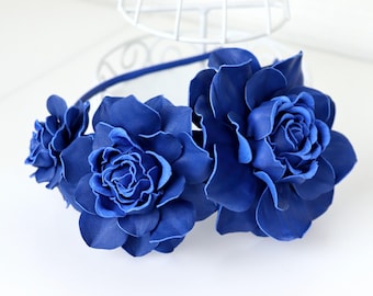 Blue Leather Rose Headband: Handmade Floral Fascinator