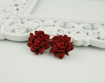 Little red leather rose studs earrings, real leather earrings, floral studs