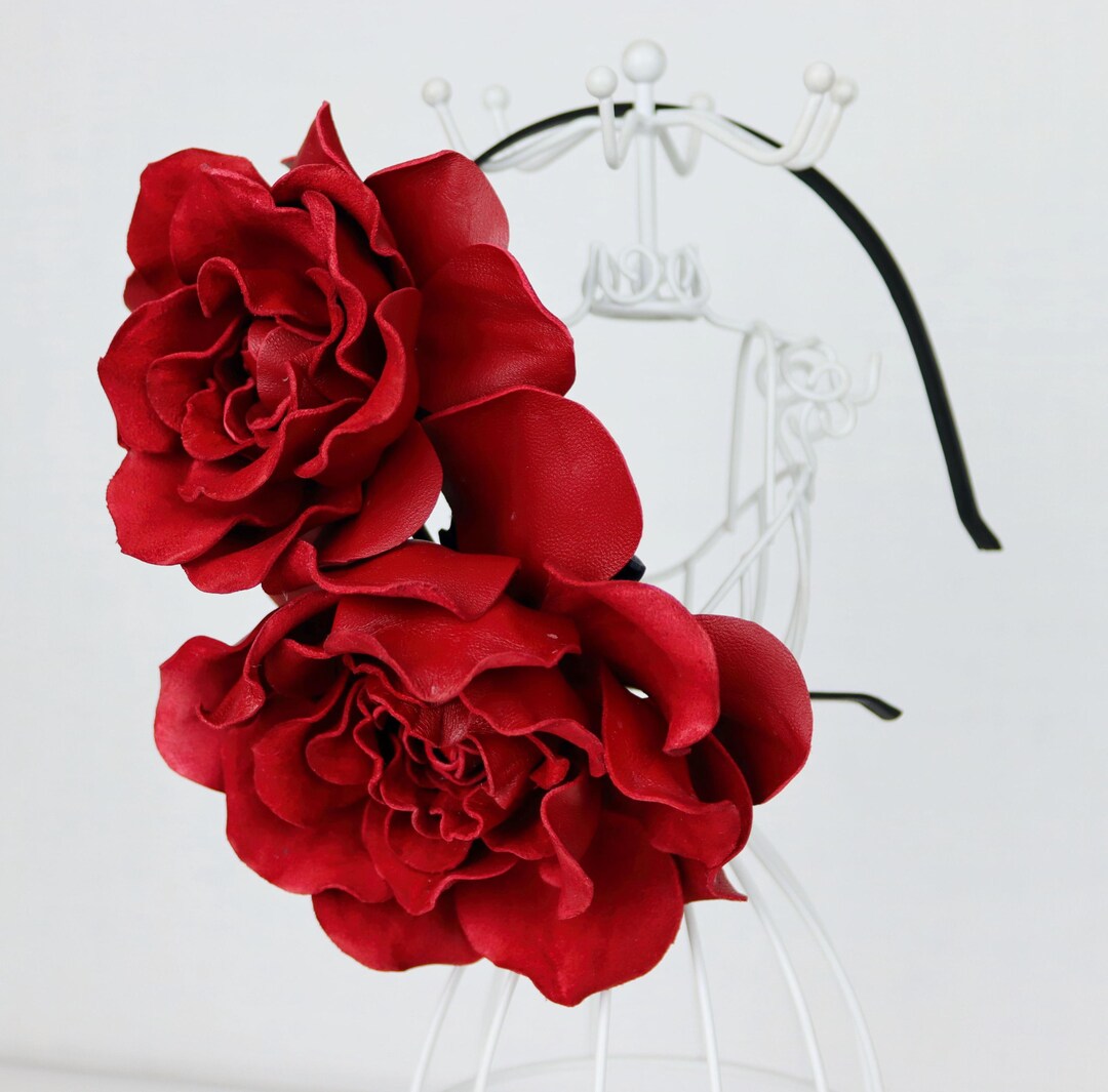 Red Leather Rose Headband, Handmade Floral Statement Hair Accessory ...