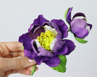 Leather Magnolia Flower Brooch: Purple, Yellow, Green Floral Pin/Hairclip
