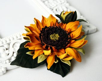 Yellow Leather Sunflower Flower Brooch/Hair Clip