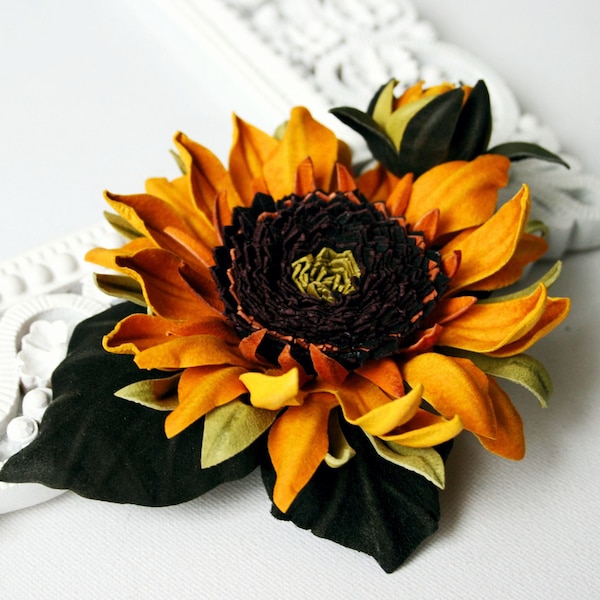 Yellow Leather Sunflower Flower Brooch/Hair Clip