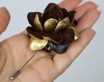 Leather Magnolia Lapel Pin: Gold & Brown Flower Brooch