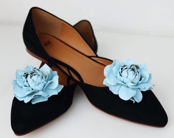 Blue Leather Rose Shoe Clips: Fantasy Floral Accessories
