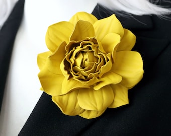 Yellow Leather Rose Brooch: Floral Pin, Genuine Leather
