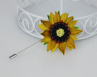 Leather Sunflower Lapel Pin: Men's Flower Brooch (2'')
