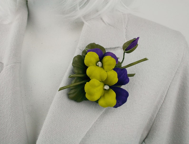 Yellow and Purple Leather Pansies Flower BroochHair Clip Fantasy Flower Brooch Stylish Floral Pin
