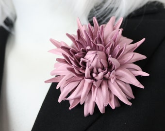 Pink Leather Chrysanthemum Flower Brooch, Real Leather Flower, Fantasy Floral Pin