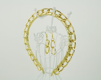 Gold Leather Chain Headband: Hair Accessory with Matching Earrings
