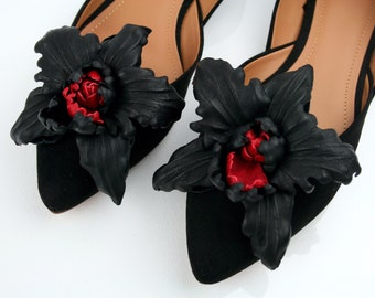 Black and Red Leather Orchid Flower Shoe Clips, Floral Shoe Accessories